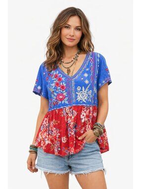 John Mark Womens M Linen Blend Embroidered Floral Blue Red Boho Peplum Top USA